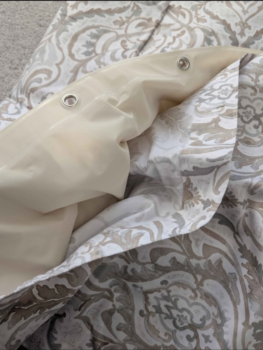 Beige and Gray Damask Shower Curtain - Picture 3 of 3